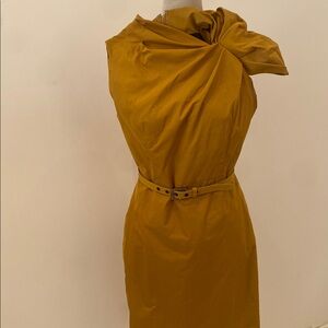 St John Mustard Belted Sheath Dress Knee Length Elegant Designer Classic